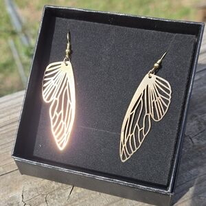 Whimsical Gold Cicada Wing Hook Earrings Insect Bug